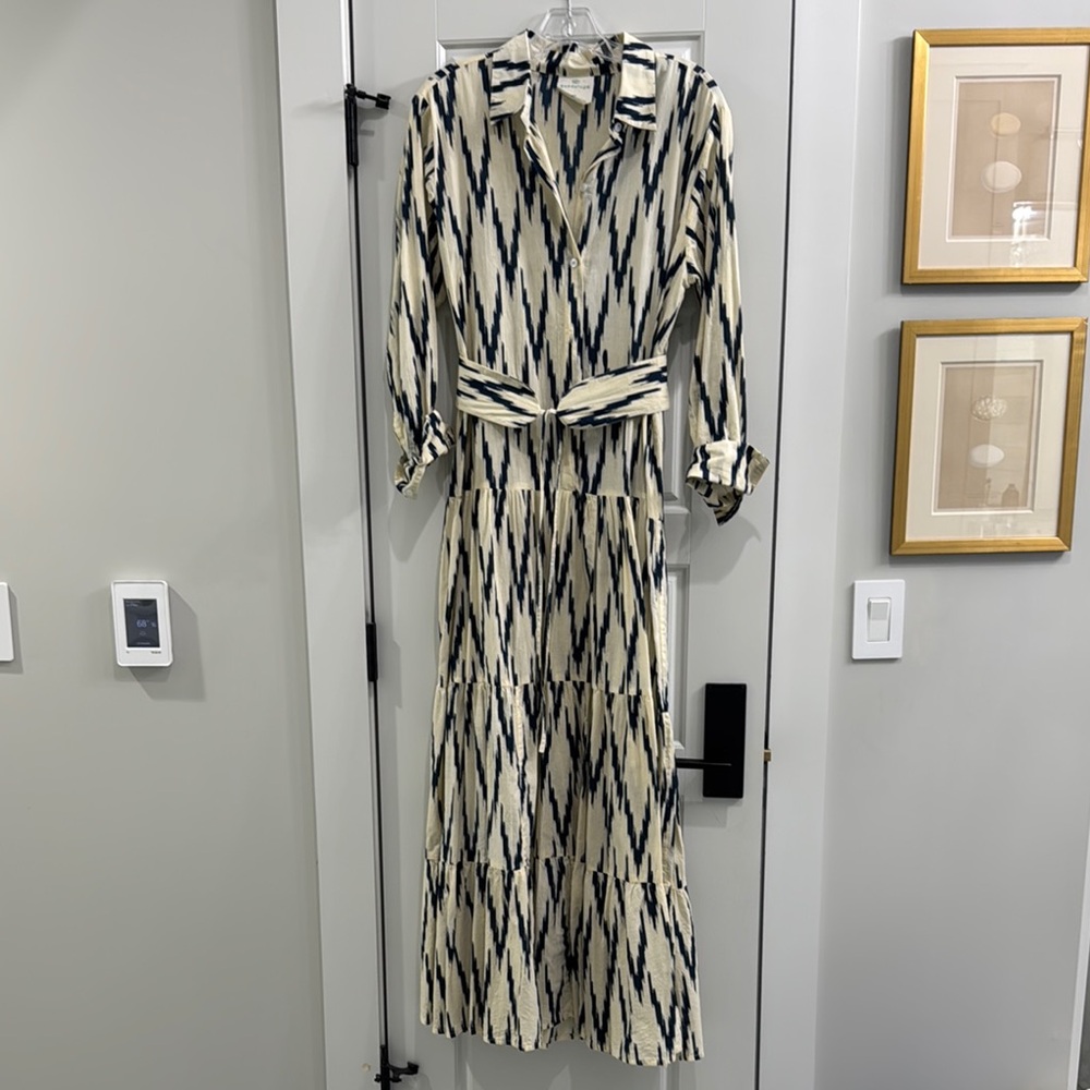 Guadalupe Cream and Navy Geometric Belted Maxi L